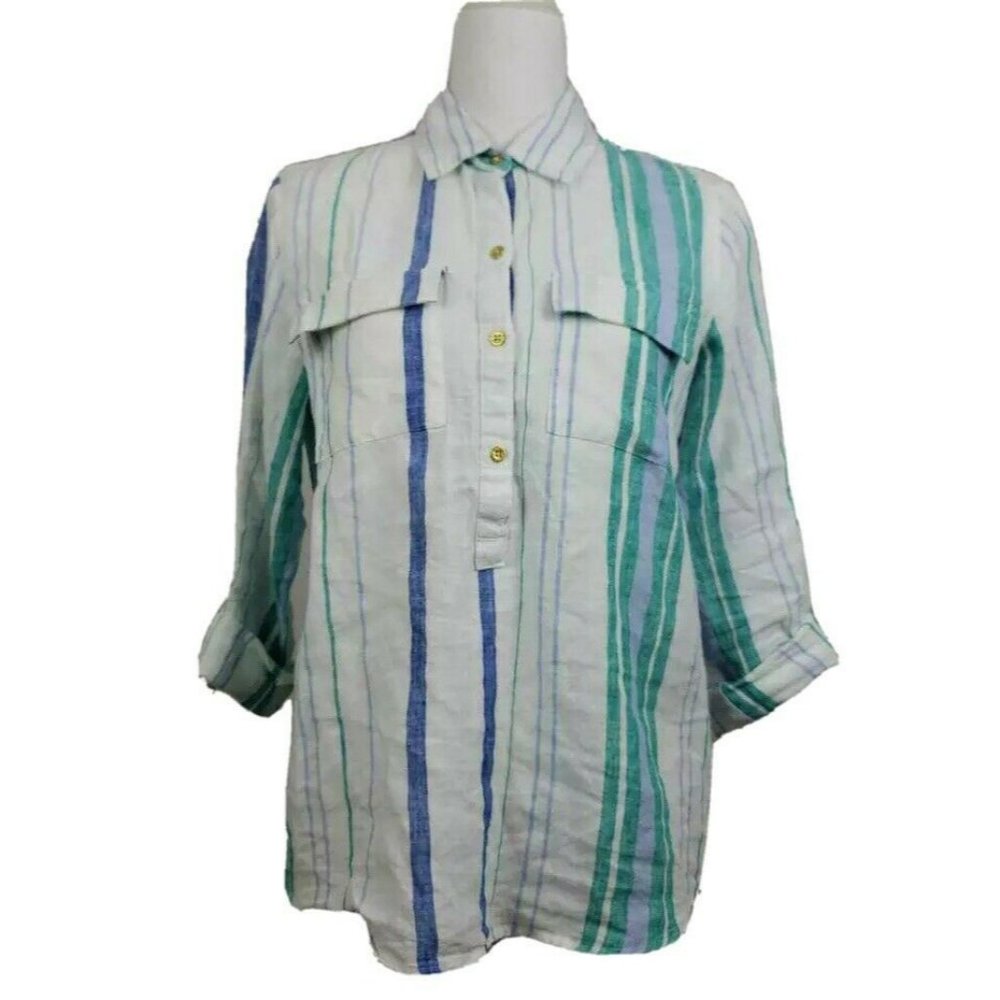 Ellen Tracy Shirt Pop Over White Blue Stripe Roll Tab Sleeve 100% Linen …